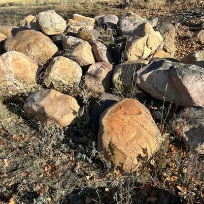 Large rock formation surrounded by dry grass and fallen leaves in a natural landscape.